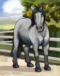  artfight dappled dappled_horse equid equine fence grass hi_res horse male mammal outside painted plant solo trail tree wolfywetfurr_(artist) 
