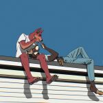 anthro belt bottomless bottomwear brown_body building canid canine canis cigarette clothed clothing conkycorp denim denim_clothing digital_media_(artwork) duo hi_res jeans male mammal on_lap on_roof outside pants red_body rooftop shirt simple_background sitting sky smoking t-shirt topwear 