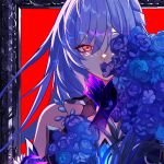  1girl bare_shoulders blue_flower blue_rose commentary_request flower highres honkai:_star_rail honkai_(series) jingliu_(honkai:_star_rail) long_hair looking_at_viewer portrait purple_hair red_eyes rose sas_(ls08b) solo 