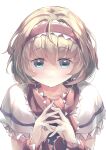  1girl absurdres alice_margatroid blonde_hair blue_eyes capelet closed_mouth commentary_request hair_intakes hairband highres kanzakietc looking_at_viewer one-hour_drawing_challenge own_hands_together red_hairband simple_background smile solo touhou white_background white_capelet 