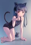  1girl animal_ears arm_support barefoot black_cat black_one-piece_swimsuit blue_hair blunt_bangs blush cat cat_ears cat_girl cat_tail flat_chest full_body idolmaster idolmaster_cinderella_girls kawaseki kneeling long_hair looking_at_viewer one-piece_swimsuit open_mouth paw_pose red_eyes sajo_yukimi solo swimsuit tail 