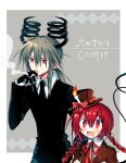  1boy 1girl anten_(sutare_yume) black_gloves black_necktie black_pants black_vest blazer blush braid brown_headwear brown_jacket candla_(mogeko) candle character_name cigarette demon_boy funamusea gloves green_hair hat holding holding_cigarette jacket long_hair looking_to_the_side low_ponytail low_twin_braids neck_ribbon necktie open_mouth pants red_eyes red_hair red_ribbon ribbon shirt smile smoking sutare_yume top_hat twin_braids vest white_shirt zenryoku_eimin 