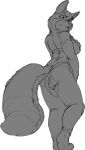  anthro breasts butt camel_toe canid canine female fluffy fluffy_tail fox kitsune_youkai mammal rear_view simple_background solo tail white_background 