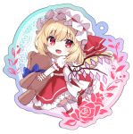  1girl blonde_hair bobby_socks chibi flandre_scarlet floral_background frilled_skirt frilled_sleeves frills from_side full_body hat hat_ribbon head_tilt holding holding_stuffed_toy kure~pu leaf long_hair mob_cap one_side_up open_mouth puffy_short_sleeves puffy_sleeves red_eyes red_footwear red_ribbon red_skirt red_vest ribbon ribbon-trimmed_headwear ribbon_trim rose_background shirt shoe_soles short_sleeves simple_background skirt skirt_set sleeve_ribbon socks solo stuffed_animal stuffed_toy teddy_bear touhou vest white_background white_headwear white_shirt white_socks wings wrist_cuffs 
