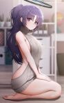  1girl absurdres backless_outfit bare_shoulders barefoot blue_archive blush breasts doyoon_7 dress halo highres long_hair looking_at_viewer meme_attire naked_sweater purple_eyes purple_hair ribbed_sweater seiza sideboob sitting sweater sweater_dress turtleneck turtleneck_sweater two_side_up virgin_killer_sweater yuuka_(blue_archive) 