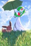  1girl :3 =_= absurdres backlighting blue_sky bob_cut closed_eyes closed_mouth cloud colored_skin commentary_request eevee flat_chest full_body gardevoir grass green_hair green_skin hair_over_one_eye hands_up highres holding holding_umbrella looking_at_viewer maemuki multicolored_skin one_eye_covered outdoors own_hands_together pokemon pokemon_(creature) red_eyes short_hair sky standing sunlight two-tone_skin umbrella white_skin 