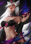  1girl ahri_(league_of_legends) animal_ears bandeau breasts detached_collar detached_sleeves facial_mark fox_ears fox_girl fox_tail large_breasts league_of_legends lips long_hair looking_at_viewer multicolored_hair multiple_tails navel nixri pink_hair slit_pupils solo streaked_hair tail whisker_markings white_hair yellow_eyes 