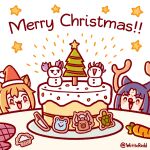  2girls animal_ears antlers arknights black_hair brown_hair bull cake carrot ceobe_(arknights) chef_hat chibi christmas_tree cloud commentary cookie cosplay dog_ears english_commentary facial_mark food forehead_mark hat hibiscus_(arknights) highres horns knife lava_(arknights) long_hair merry_christmas multiple_girls oven_mitts plate ponytail purple_hair rain reindeer_antlers rudolph_the_red_nosed_reindeer rudolph_the_red_nosed_reindeer_(cosplay) saga_(arknights) santa_hat snowman star_(symbol) table turtle twintails twitter_username white_background wittleredd 