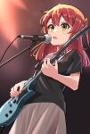  1girl 5alive black_shirt bocchi_the_rock! brown_skirt commentary electric_guitar green_eyes guitar hair_between_eyes highres holding holding_instrument instrument kita_ikuyo long_hair microphone microphone_stand music one_side_up open_mouth playing_instrument red_hair shirt short_sleeves skirt solo 
