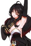  1girl absurdres ahoge ara_haan arm_up armpits black_dress black_gloves black_hair breasts cleavage devi_(elsword) dress elbow_gloves elsword feather_boa gloves hand_on_own_chest highres large_breasts lips long_hair looking_at_viewer orange_eyes pink_lips sidelocks simple_background sindellnwza smile solo sweat white_background 