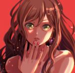  1girl bang_dream! brown_hair earrings green_eyes highres imai_lisa jewelry long_hair looking_at_viewer portrait pursed_lips rabbit_earrings red_background red_nails shirt signature white_shirt xin_(blueramen) 