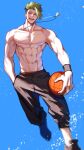  1boy absurdres achilles_(fate) ball basketball_(object) black_footwear black_pants black_wristband blue_background collarbone dog_tags fate/grand_order fate_(series) fingernails green_hair hand_in_pocket haruakira highres holding holding_ball male_focus male_underwear male_underwear_peek muscular muscular_male navel orange_male_underwear pants red_eyes running short_hair solo teeth topless_male undercut underwear 