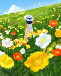  1girl black_hair blue_sky cloud day dress field flower flower_field grass highres medium_hair monaka_(siromona) original outdoors sky solo white_dress white_flower white_headwear wind_turbine yellow_flower 