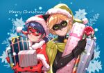  1boy 1girl adrien_agreste animal_ears bell black_bodysuit black_gloves blonde_hair blue_eyes blue_hair bodysuit cape cat_boy cat_ears chat_noir domino_mask flower gift gloves green_cape hat holding holding_gift ladybug_(character) long_sleeves marinette_dupain-cheng mask merry_christmas miraculous_ladybug polka_dot red_headwear rose santa_hat short_hair smile tomm0515 twintails 