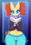  &lt;3 abstract_background anthro bite biting_lip biting_lower_lip blue_eyes braixen bulge canid canine clothed clothing collar eyelashes fingerless_gloves fox generation_6_pokemon girly gloves handwear hi_res inner_ear_fluff lips looking_at_viewer male mammal navel nintendo pokemon pokemon_(species) r-mk solo standing sweet_braixen thick_thighs tuft wide_hips 