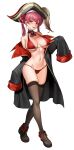  1girl :d absurdres ascot bikini black_coat breasts cameltoe coat crossed_legs dopamine70 full_body groin hat heterochromia highres hololive houshou_marine houshou_marine_(4th_costume) large_breasts navel off_shoulder open_mouth pirate_hat plume red_ascot red_bikini red_eyes red_hair simple_background skindentation sleeves_past_wrists smile solo stomach swimsuit thighhighs twintails virtual_youtuber watson_cross white_background yellow_eyes 