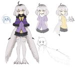  1girl ahoge bare_shoulders bird_legs black_skirt blush breasts capelet feathered_wings grey_feathers grey_hair grey_wings harpy highres looking_at_viewer medium_hair miniskirt mono_(sifserf) monster_girl multiple_views open_mouth original owl_girl pleated_skirt purple_capelet purple_shirt shirt sifserf simple_background skirt small_breasts smile sweater sweater_under_shirt talons turtleneck turtleneck_sweater white_background winged_arms wings yellow_eyes 
