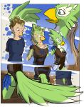  animal_humanoid anthro avian avian_humanoid beak beak_growth blonde_hair breast_growth breasts brown_hair clothed clothing colored comic feather_growth feathers female gender_transformation green_body green_eyes green_feathers growth hair hair_growth height_reduction hi_res human humanoid male mammal medium_breasts mid_transformation mtf_transformation nintendo reality_shift rito rito_humanoid rito_village schmen solo species_transformation surprised_expression the_legend_of_zelda thick_thighs transformation tribal_clothing 