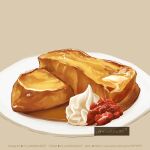  artist_name food food_focus french_toast fruit mi_nu6424to2 no_humans original pink_background plate simple_background still_life strawberry syrup twitter_username web_address whipped_cream 
