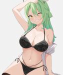 1girl black_bra black_panties bra breasts ceres_fauna green_eyes highres holocouncil hololive large_breasts lingerie midriff multicolored_hair one_eye_closed panties simple_background smile thighhighs underwear wide_hips yellow_eyes zeropen 