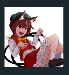  1girl ahoge animal_ear_fluff animal_ear_piercing animal_ears border bow bowtie bright_pupils brown_eyes brown_footwear brown_hair cat_ears cat_girl cat_tail chen commentary diamond-shaped_pupils diamond_(shape) fang flat_chest foot_out_of_frame frilled_skirt frills green_border green_headwear hair_between_eyes hat highres long_sleeves looking_at_viewer medium_bangs mob_cap multiple_tails open_mouth paw_pose red_nails red_skirt red_vest shirt shoes short_hair simple_background skirt skirt_set smile socks solo symbol-shaped_pupils tail touhou two_tails vest white_background white_pupils white_shirt white_socks yan_pai yellow_bow yellow_bowtie 
