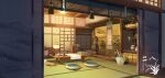  architecture armor artist_logo ceiling_light east_asian_architecture highres indoors japanese_armor katana lantern no_humans open_door original scenery scroll shelf shouji sliding_doors sword table vase weapon xingzhi_lv 