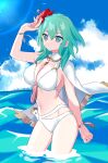  1girl arm_up bikini breasts byleth_(female)_(fire_emblem) byleth_(fire_emblem) cleavage enlightened_byleth_(female) fire_emblem fire_emblem:_three_houses fire_emblem_heroes flower gold_necklace green_eyes green_hair hair_flower hair_ornament hibiscus highres in_water jewelry jiitarou large_breasts looking_at_viewer medium_hair midriff necklace official_alternate_costume red_flower solo swimsuit white_bikini 