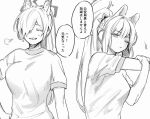  2girls =3 animal_ear_fluff animal_ears blue_archive breasts closed_eyes fake_animal_ears greyscale hair_over_one_eye halo kanna_(blue_archive) large_breasts long_hair medium_breasts miyako_(blue_archive) monochrome multiple_girls one_eye_closed ponytail rabbit_ears shirt short_sleeves simple_background stretching sweat translation_request tsuno_(tnngur) upper_body 