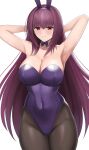  1girl absurdres animal_ears armpits arms_behind_head arms_up bare_shoulders breasts brown_pantyhose cleavage covered_navel detached_collar fake_animal_ears fate/grand_order fate_(series) hair_between_eyes highleg highleg_leotard highres higofushi large_breasts leotard long_hair looking_at_viewer pantyhose playboy_bunny purple_hair purple_leotard rabbit_ears red_eyes scathach_(fate) scathach_(piercing_bunny)_(fate) smile solo thighs wrist_cuffs 