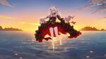  1girl bare_legs barefoot beach black_dress black_headwear black_sleeves chinese_commentary cloud cloudy_sky day detached_sleeves dress earrings flower full_body hair_between_eyes highres honkai_(series) honkai_impact_3rd jewelry logo long_hair looking_at_viewer luna_(honkai_impact) ocean official_art official_wallpaper open_mouth red_eyes red_flower red_rose rose sand sky solo standing sunrise theresa_apocalypse theresa_apocalypse_(lunar_vow:_crimson_love) wading water 