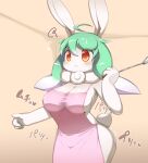  ahoge anthro apron apron_only big_breasts blush bodily_fluids breasts clothing dot_nose ears_up female fur glistening glistening_body green_hair hair hair_between_eyes hi_res holding_ladle inside japanese_text kitchen_utensils ladle lagomorph leporid long_hair mammal obikuragetyan orange_eyes pink_apron rabbit scut_tail short_tail solo standing sweat tail text tools translation_request white_body white_fur 