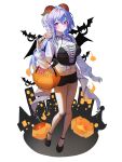  1girl absurdres alternate_costume bare_legs black_footwear black_wings blue_hair blush breasts candy cross-laced_clothes food full_body ganyu_(genshin_impact) genshin_impact halloween halloween_bucket hee_(user_ykux4248) highres horns large_breasts long_sleeves looking_at_viewer navel pinky_out pumpkin purple_eyes shirt short_shorts shorts simple_background smile solo stomach white_shirt wings 