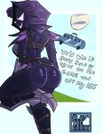  absurdres animal_ears armor ass ass_focus battle_bus_(fortnite) bear_ears bear_girl belt cloak cuddle_team_leader curvy english_text feathers fortnite furry furry_female garter_straps half-closed_eyes highres hood hooded_cloak huge_ass looking_at_viewer looking_back metal_boots multiple_belts purple_cloak purple_eyes self-upload shiny_clothes simple_background thighhighs wide_hips 