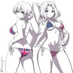  2girls american_flag_bikini bikini blue_eyes braid darjeeling_(girls_und_panzer) flag_print girls_und_panzer hair_intakes hand_on_own_hip highres jacket kay_(girls_und_panzer) kotorigaka looking_at_viewer looking_back multiple_girls open_clothes open_jacket simple_background swimsuit twitter_username union_jack_bikini white_background 