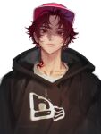  1boy baseball_cap black_hoodie closed_mouth grey_background hat highres hood hood_down hoodie looking_at_viewer male_focus neck_tattoo paradox_live red_eyes red_hair shirt sketch solo sugasano_allen tattoo white_shirt yoonmiumi 