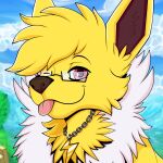  1:1 augury_(artist) blep eeveelution eyewear feral fluffy generation_1_pokemon glasses hi_res icon jewelry jolteon male necklace nintendo one_eye_closed outside pokemon pokemon_(species) solo tongue tongue_out volty wink 