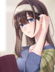  1girl blue_eyes blue_shirt blush book brown_hair green_shawl hair_between_eyes hair_tucking hairband highres idolmaster idolmaster_cinderella_girls light_smile looking_at_viewer monotiina parted_lips sagisawa_fumika shirt single_sidelock solo upper_body white_hairband 