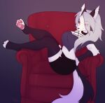  absurd_res anthro asusya canid canine canis clothing collar digital_media_(artwork) ear_piercing female fur grey_body hair helluva_boss hi_res looking_at_viewer loona_(helluva_boss) mammal pawpads paws piercing red_eyes red_sclera solo white_body white_fur wolf 