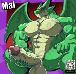  abs anthro balls biceps big_penis bodily_fluids dragon erection genital_fluids genitals green_body grin kings_of_hell mal_leviathan male mask masterelrest muscular muscular_anthro muscular_male nude pecs penis precum smile solo spread_legs spreading vein veiny_muscles veiny_penis watermark 