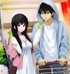  1boy 1girl artist_logo black_hair blush camisole chitanda_eru food green_eyes highres holding holding_food holding_vegetable hood hoodie hyouka long_hair mery_(yangmalgage) open_mouth oreki_houtarou pants purple_eyes radish shirt shopping shopping_cart short_hair vegetable white_camisole white_shirt 