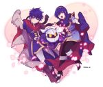  3boys black_footwear black_headband blue_eyes blue_hair boots brown_footwear cape cape_hold closed_mouth fire_emblem fire_emblem:_mystery_of_the_emblem fire_emblem:_path_of_radiance full_body hairband headband heart ike_(fire_emblem) kirby_(series) looking_at_viewer male_focus marth_(fire_emblem) meta_knight multiple_boys open_mouth oshi_taberu petals simple_background super_smash_bros. torn_cape torn_clothes twitter_username 