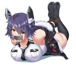  1girl absurdres angry bdsm black_thighhighs bondage bound breasts eyepatch feet feet_up gag gagged highres hogtie improvised_gag jacket kantai_collection kuroshiro_no_tsubasa large_breasts lying no_shoes on_stomach purple_hair restrained short_hair socks soles tape tape_gag tenryuu_(kancolle) thighhighs yellow_eyes 