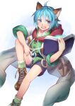  1boy animal_ears blue_eyes blue_hair book boots cat_ears foot_out_of_frame labcoat leon_geeste looking_at_viewer male_focus open_mouth pointy_ears shorts simple_background solo star_ocean star_ocean_the_second_story waku_(ayamix) white_background 