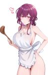  1girl absurdres apron bare_arms bare_shoulders blush breasts commentary_request cowboy_shot heart highres holding honkai:_star_rail honkai_(series) kafka_(honkai:_star_rail) kisa_(leg3043) korean_commentary ladle large_breasts long_hair looking_at_viewer naked_apron purple_eyes purple_hair revision smile solo standing thighs white_apron 