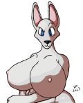  2023 anthro big_breasts blue_eyes breasts bust_portrait canid canine crossed_arms ears_up female fur huge_breasts mammal nipples no_pupils nude portrait smile solo solo_focus vixenfan white_body white_fur 