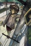  1girl absurdres brown_eyes brown_hair cable hair_ornament hairclip highres holding iwakura_lain kornod looking_at_viewer monitor multiple_views power_lines serial_experiments_lain short_hair skirt solo standing standing_on_object 