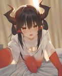  1girl absurdres ai-assisted black_hair blush breasts collarbone colored_skin dragon_girl_(mr-shin) hair_between_eyes highres horn_ornament horn_ring horns indoors long_hair looking_at_viewer mr-shin on_bed open_mouth original pointy_ears reaching reaching_towards_viewer red_eyes red_skin shirt sidelocks small_breasts t-shirt tearing_up very_long_hair white_shirt 