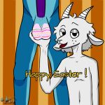  absurd_res anthro balls blue_body blue_fur bovid canid canine canis caprine duo easter fox fur genitals goat hi_res holding_balls holidays horn humor hybrid male male/male mammal mick_aokiji mick_aokiji_(character) penis raul_maduro_(oc) skinny_male smile white_body white_fur wolf 