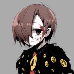  1boy blood blood_on_face brown_eyes brown_hair closed_mouth commentary_request employee_(lobotomy_corporation) empty_eyes hair_over_one_eye harvest_fes lobotomy_corporation male_focus pale_skin portrait project_moon red_shirt shirt short_hair simple_background sketch solo 