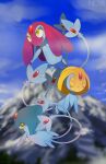  azelf closed_eyes closed_mouth cloud commentary day forehead_jewel gem mesprit no_humans outdoors pokemon pokemon_(creature) red_gemstone sky uxie yajuuraku yellow_eyes 